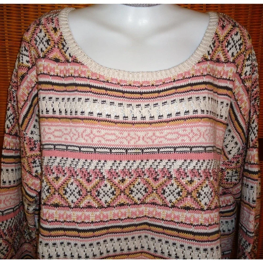 ODD MOLLY PINK FAIR ISLE CREW NECK COTTON KNIT SWEATER SIZE 3 LARGE - Picture 2 of 11